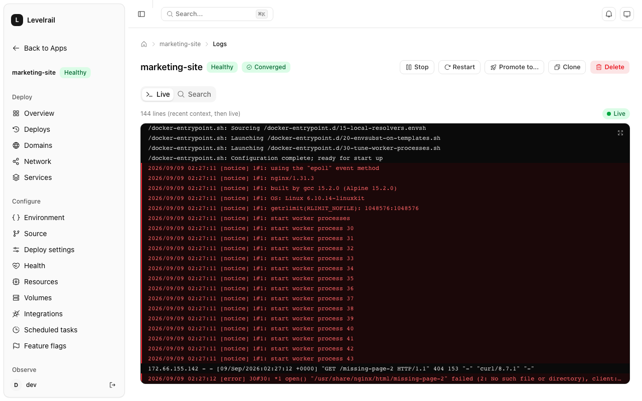 Levelrail live log viewer with full-text search